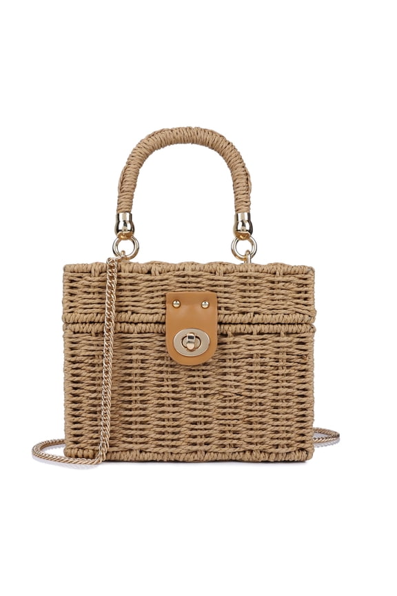 Handwoven Rattan Bag for Women Straw Beach Tote with Chain Shoulder Strap