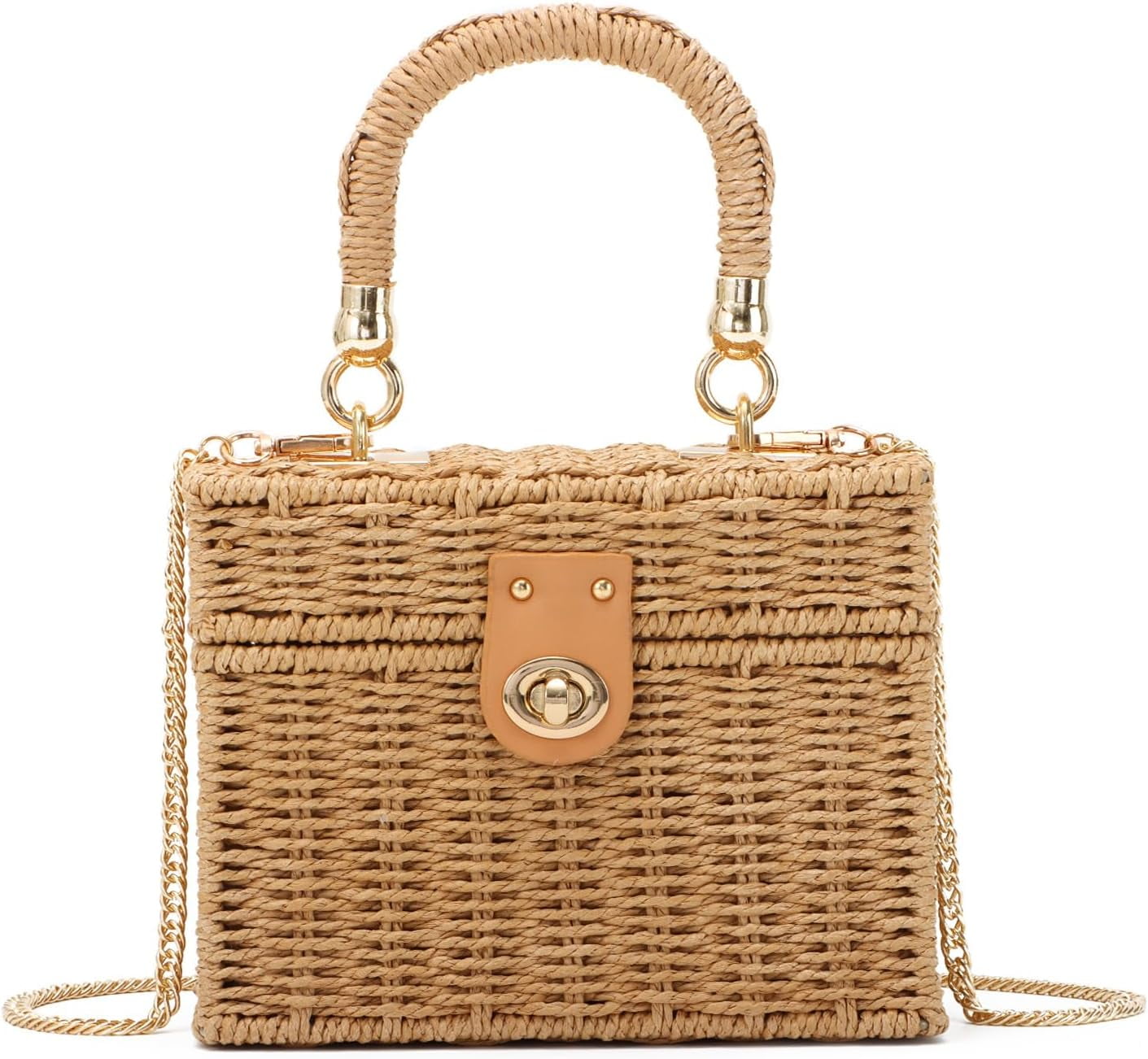 Handwoven Rattan Bag for Women Woven Straw Square Crossbody Bag Vintage Basket Purse Beach Tote Bag