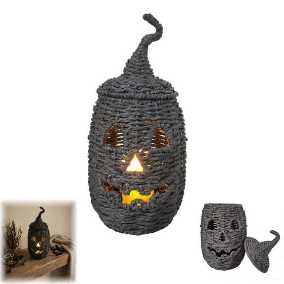 Handwoven Rattan Black Pumpkin Halloween Decorations Lantern,Witch Hat Candy Bowl with LED Candle,Wicker Basket for Spooky Party Halloween Decor(B)