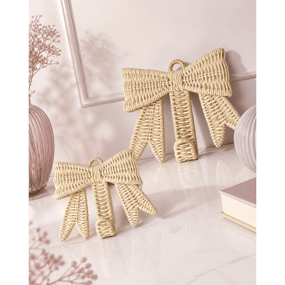 Handwoven Rattan Bow Wall Hooks Set of Two
