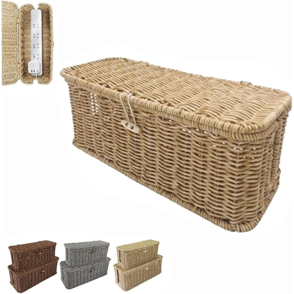 Handwoven Rattan Cable Management Box, Charger Cable Cord Storage Organizer Box, Rattan Cable Management Box, Ventilated Storage Box for Home and Office (Beige, M: 18.1 * 5.9 * 6.2in)