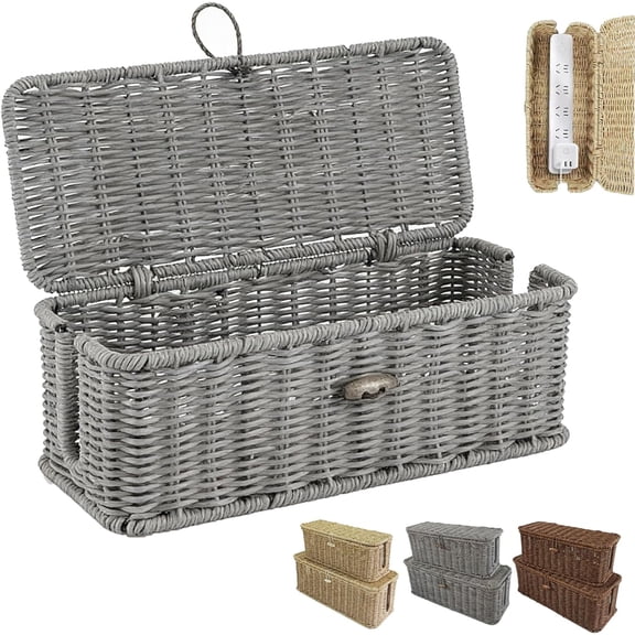 Handwoven Rattan Cable Management Box, Hand-Woven Rattan Cable Organizer Box with Safety Lock, Decorative Cord Organizer for Power Strips & Chargers, Pet-Proof, Heat-Resistant