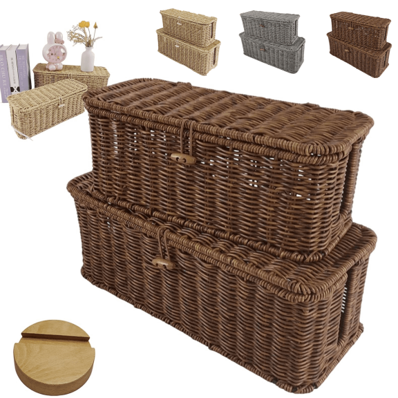 Handwoven Rattan Cable Management Box with Lid, 2026 New Open Slots Cords Hider Box, Handmade Cord Organizer, Prevent Children from Touching, Cord Organizer Cable Management Box(Brown,M)