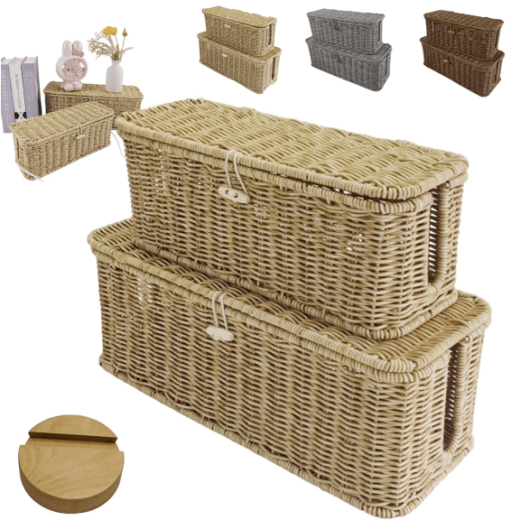 Handwoven Rattan Cable Management Box with Lid, 2026 New Open Slots Cords Hider Box, Handmade Cord Organizer, Prevent Children from Touching, Cord Organizer Cable Management Box(White,M)