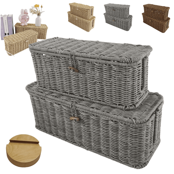 Handwoven Rattan Cable Management Box with Lid, 2026 New Open Slots Cords Hider Box, Handmade Cord Organizer, Prevent Children from Touching, Cord Organizer Cable Management Box(Gray,M)