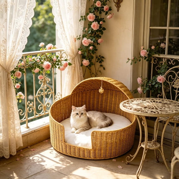 Handwoven Rattan Cat Bed with Canopy, With Soft Cushion & Hanging Interactive Toy, Large Open Top Cozy Cat Cave Bed for Small Medium Cats Puppy Dogs, 21.3"17.7" Spacious Pet Nest Bed