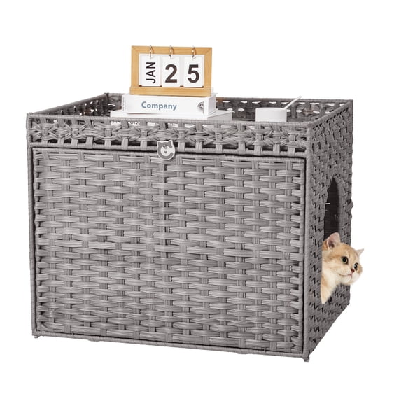 Handwoven Rattan Cat Litter Box Cabinet – Large Covered Enclosure with Removable Mat and Fence – Stylish Hidden Litter Furniture for Living Room or Apartment, Easy Assembly – Grey
