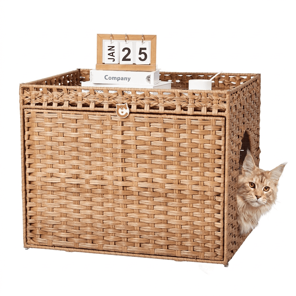 Handwoven Rattan Cat Litter Box Enclosure Cabinet - Large Indoor Litter Washroom Furniture with Mat & Fence - Elegant Hidden Cat Solution for Living Room or Apartment