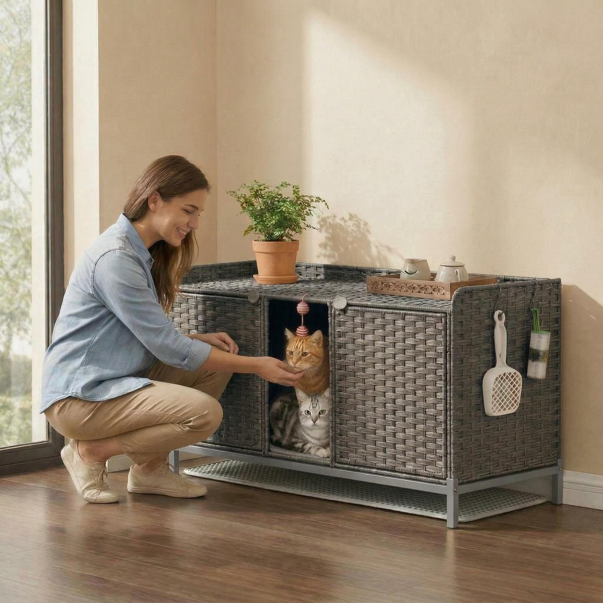 Handwoven Rattan Cat Litter Box Enclosure - Large Hidden Cat Washroom Cabinet with Door, Mat & S-Shaped Hooks - Stylish Cat Furniture for Living Room or Bedroom - Gray