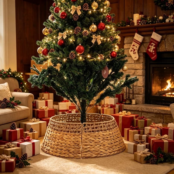 Handwoven Rattan Christmas Tree Collar, Wicker Tree Skirt & Stand Base Cover for Artificial Trees, Rustic Farmhouse Holiday Decor