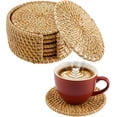 thumbnail image 1 of Handwoven Rattan Coasters Set of 6 for Drinks, Boho Wood Cup Coasters with Holder for Tabletop Protection, Vintage Coaster for Desk, Famrhouse & Hostess Gifts, 1 of 4
