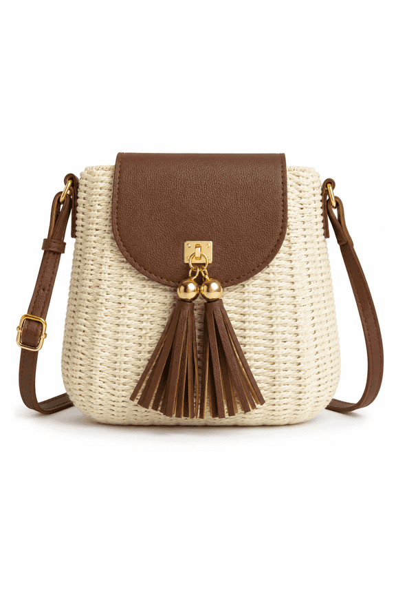 Handwoven Rattan Crossbody Box Bag, Small Straw Flap Purse with Metal Bow Lock and Tassel, Lightweight Casual Summer Beach Shoulder Handbag