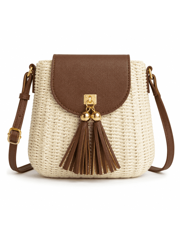 Handwoven Rattan Crossbody Box Bag, Small Straw Flap Purse with Metal Bow Lock and Tassel, Lightweight Casual Summer Beach Shoulder Handbag