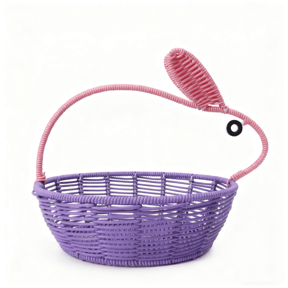 Handwoven Rattan Easter Bunny Basket with Rabbit Ears, 11.8" Purple Easter Wicker Storage Basket with Handle
