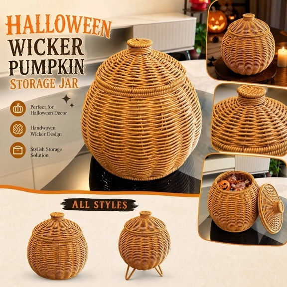 Handwoven Rattan Faux Pumpkin Storage Jar with Removable Lid, Halloween Rustic Decorative Container, Multi-Purpose Dustproof Organizer Bin for Candy Trinkets Table Shelf Home Display,A