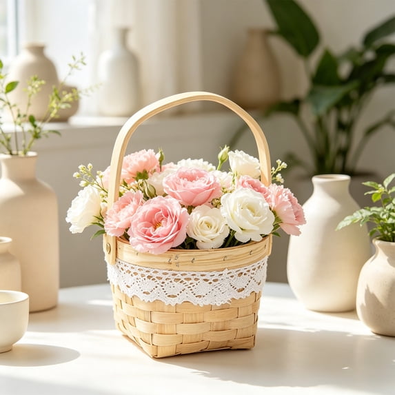 Handwoven Rattan Flower Arrangement Basket with Handle, Natural Wicker Planter for Fresh Dried Flowers, Home Decor Storage Organizer