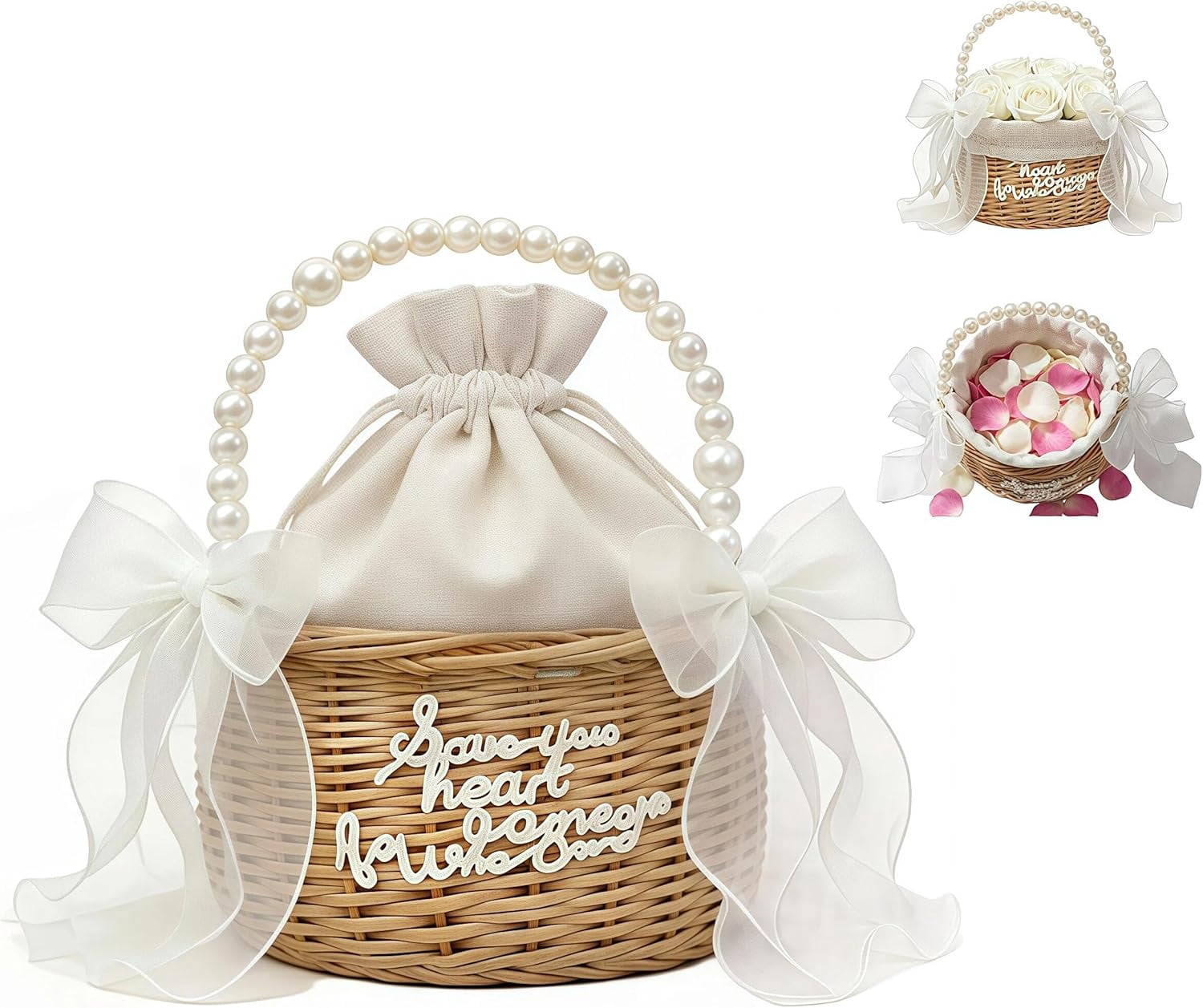 Handwoven Rattan Flower Basket with Pearl Handle – Ideal for Wedding Petal Toss, Outdoor Ceremonies, Bridal Photos, Aisle Walks, Easter Basket, Camping Basket, Gift Basket, or Home Storage