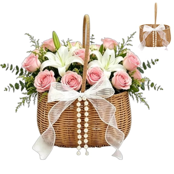 Handwoven Rattan Flower Girl Basket with White Organza Bow Pearl Tassel, Portable Handle Woven Basket, Rustic Country Home Storage for Wedding Ceremony Favor Card Holder Picnic