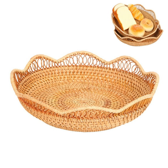 Handwoven Rattan Fruit Basket - Round Design for Serving and Storage, Natural and Rustic, Ideal for Kitchen Counter, Farmhouse Decor, and Everyday Use, 1PC