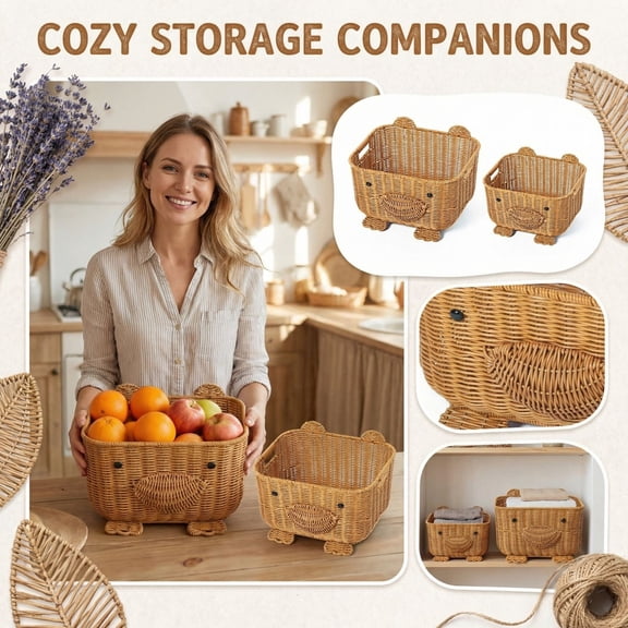 Handwoven Rattan Fruit and Bread Basket, Wicker Storage Platter for Snacks, Countertop and Desktop Organization, Rustic Kitchen Decor