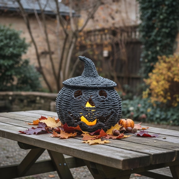 Handwoven Rattan Halloween Pumpkin Decoration - Black Rattan Woven Rope Light Up Pumpkin Halloween Decoration for Indoor Home Mantle Tabletop Decor