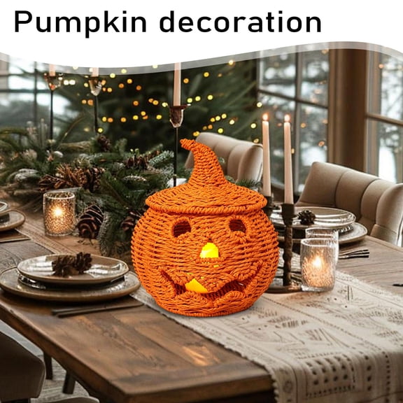 Handwoven Rattan Halloween Pumpkin Decoration - Black Rattan Woven Rope Light Up Pumpkin Halloween Decoration for Indoor Home Mantle Tabletop Decor
