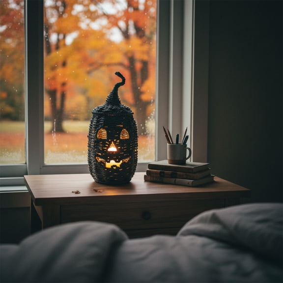 Handwoven Rattan Halloween Pumpkin Decoration - Black Rattan Woven Rope Light Up Pumpkin Halloween Decoration for Indoor Home Mantle Tabletop Decor