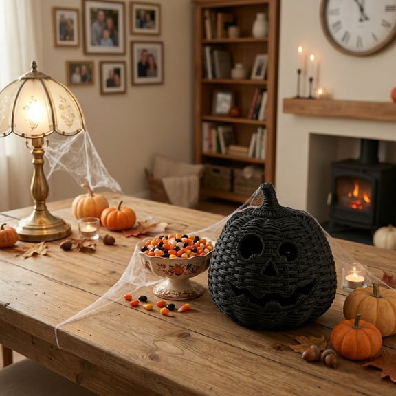 Handwoven Rattan Halloween Pumpkin Decoration - Black Rattan Woven Rope Light Up Pumpkin Halloween Decoration for Indoor Home Mantle Tabletop Decor