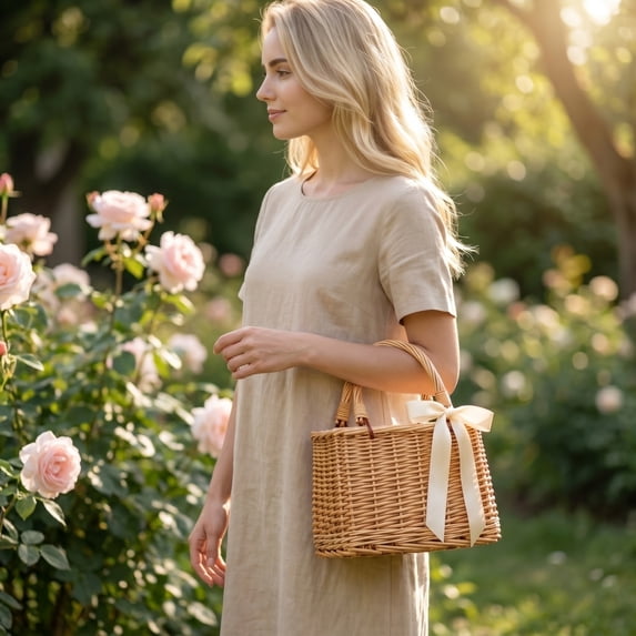 Handwoven Rattan Handbag, Wicker Rectangle Basket Purse with White Bow ...