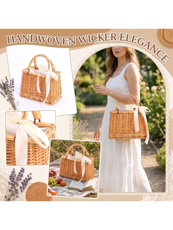 Handwoven Rattan Handbag, Wicker Rectangle Basket Purse with White Ribbon, Summer Beach Top Handle Clutch, Boho Style Woven Purse, Rustic Flower Basket