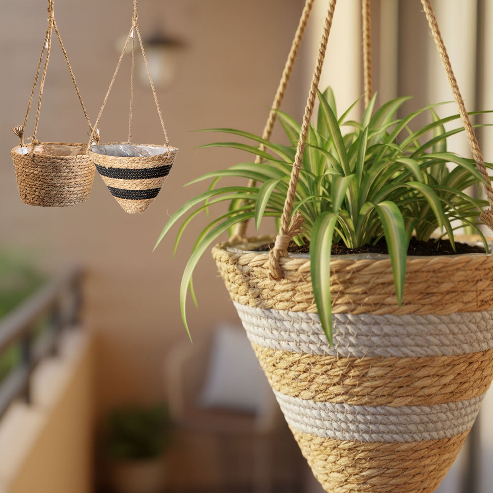 Handwoven Rattan Hanging Basket, Straw Planter for Flowers and Orchids, Rustic Wall Decor for Indoor or Outdoor Plants, Boho Style