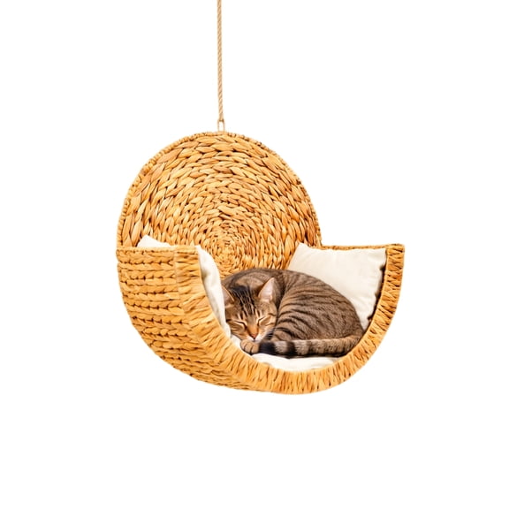Handwoven Rattan Hanging Cat Bed with Cushion, Round Wicker Basket Hammock for Indoor Cats, Bedroom and Living Room, 11.2 in