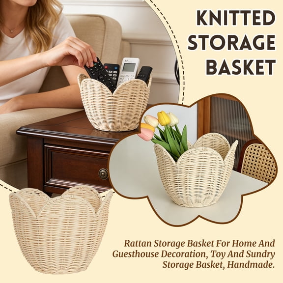 Handwoven Rattan Lily Storage Basket, Wicker Organizer for Home, Guesthouse, Toys, and Sundry Items, Rustic Decorative Container