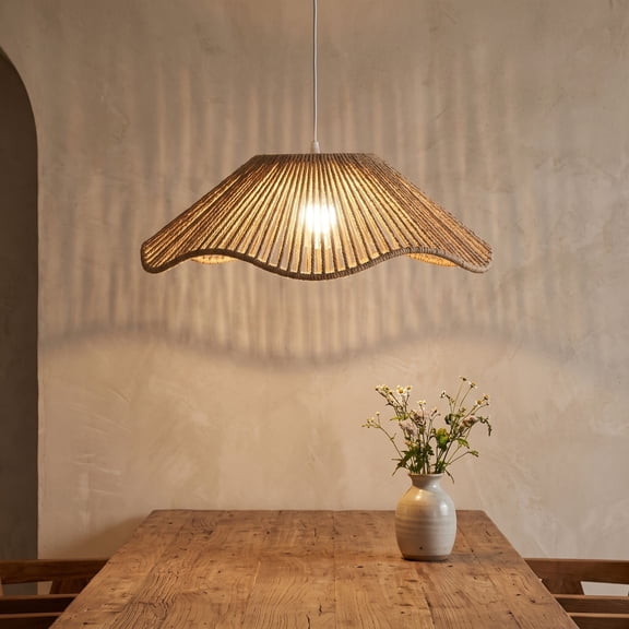Handwoven Rattan Pendant Lamp Shade, Wavy Retro Wicker Hanging Light Cover for Dining Living Room Hotel Decor