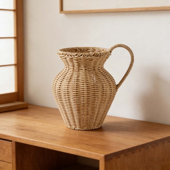 Handwoven Rattan Pitcher Vase with Handle,Decorative Jug for Dried Flowers,Tabletop,Home Decor,Bohemian Style Storage Basket for Blankets,Magazines,Ergonomic Carry,Living Room Accent Piece-yellow