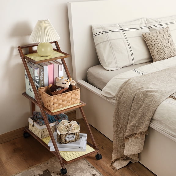 Handwoven Rattan Rolling Cart, 3-Tier Foldable Storage Trolley with Lockable Wheels for Living Room, Kitchen, Bedroom