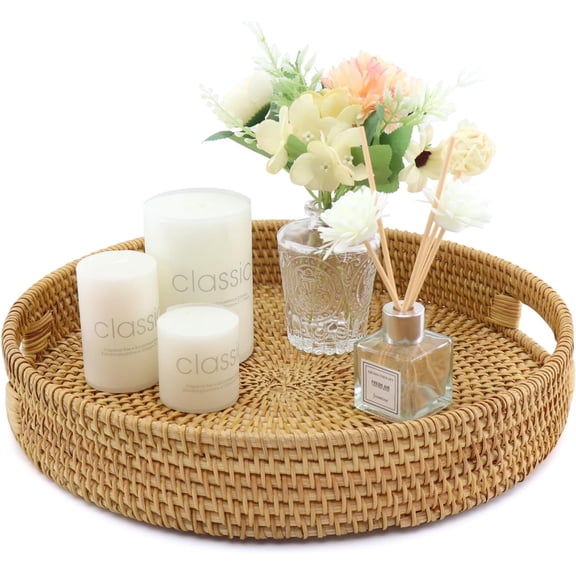 Handwoven Rattan Round Serving Tray, Natural Wicker Decorative Tray for Serving, Coffee Table, Home Boho Dcor and Entertaining, Gift Idea Choice