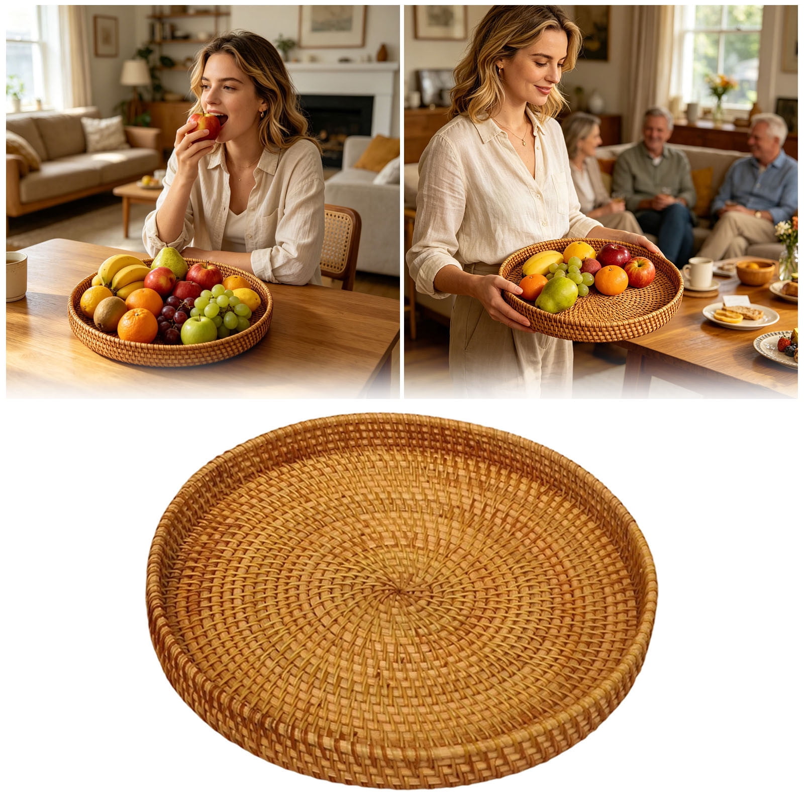 Handwoven Rattan Round Serving Tray Natural Wicker Fruit Snack