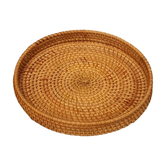 Handwoven Rattan Serving Tray 8.6 Inch, Small Round Wicker Basket for Breakfast Snack Fruit Storage, Decorative Entryway Organizer for Home Office Tabletop