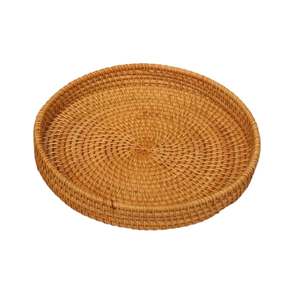 Handwoven Rattan Serving Tray 9.4 Inch, Medium Round Wicker Basket for Breakfast Snack Fruit Storage, Decorative Entryway Organizer for Home Office Tabletop