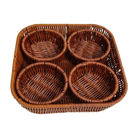 Handwoven Rattan Serving Tray Set, Round, Square & Heart-Shaped Wicker Storage Basket, 4-Compartment Divided Tray for Snacks, Coffee Table & Home Organization(Round)