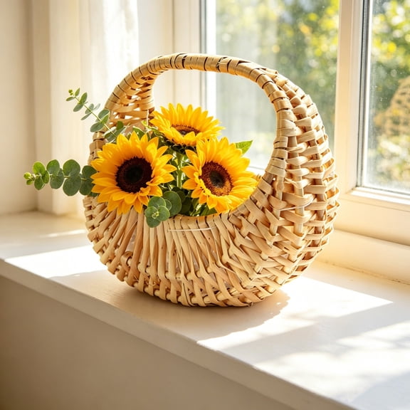 Handwoven Rattan Small Basket with Handle, Rustic Wicker Storage Bin for Flower Girl Wedding Decor, Farmhouse Garden Organizer for Small Items and Plants