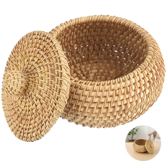 Handwoven Rattan Storage Basket with Lid – Natural Wicker Decorative Organizer Box, Round Dustproof Candy & Snack Container, 5.9" x 4.7", Farmhouse Style for Kitchen & Home Organization