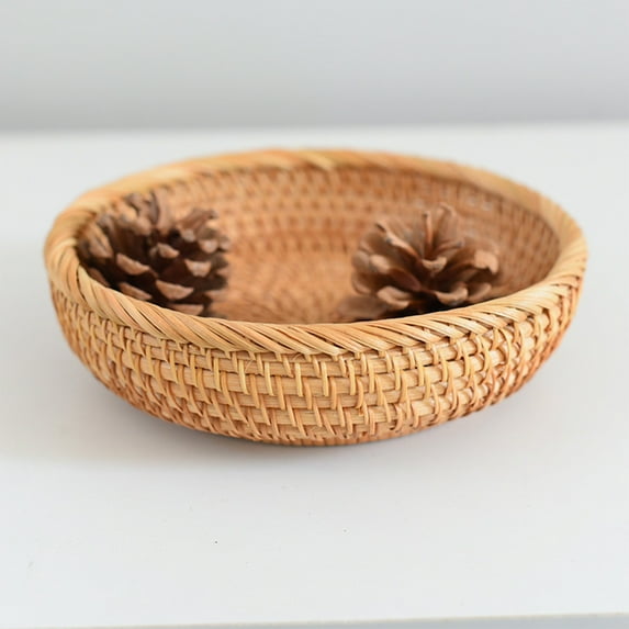 Handwoven Rattan Storage Basket | Natural Wood Fruit & Vegetable Drainage Basket | Kitchen & Living Room Organizer | 26x26x10cm Snack & Bread Basket