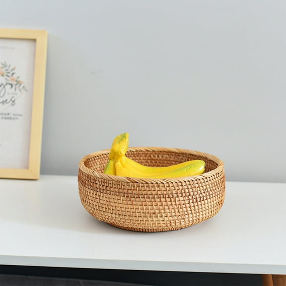 Handwoven Rattan Storage Basket | Natural Wood Fruit & Vegetable Drainage Basket | Kitchen & Living Room Organizer | 26x26x10cm Snack & Bread Basket