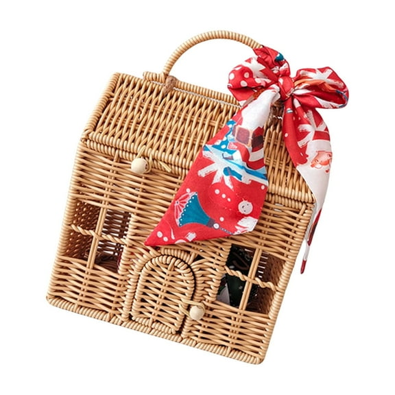 Handwoven Rattan Suitcase for Christmas Gift Wrapping Plastic Wicker Present Packaging Box House Shaped Picnics Basket