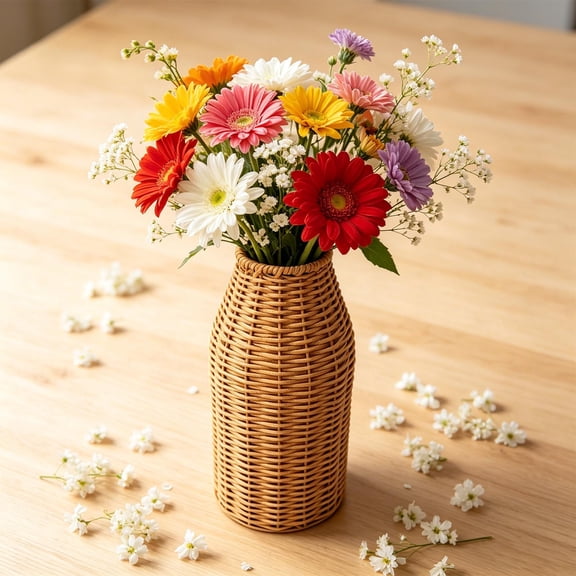 Handwoven Rattan Vase, Natural Wicker Decorative Vase for Dried Flowers & Artificial Bouquets, Boho Rustic Woven Flower Vase for Tabletop Centerpiece, Living Room, Home Decor