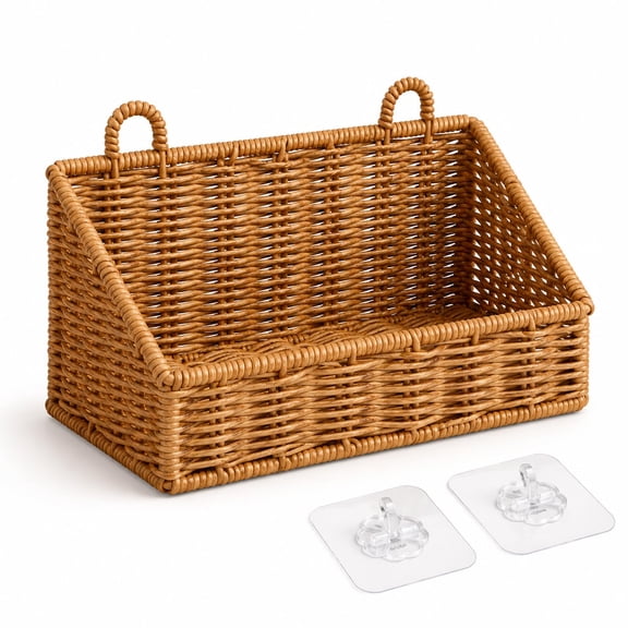 Handwoven Rattan Wall Baskets for Organizing, Rustproof Bathroom Floating Shelves, Farmhouse Plastic Wicker Hanging Basket for Kitchen Counter Vanity Storage