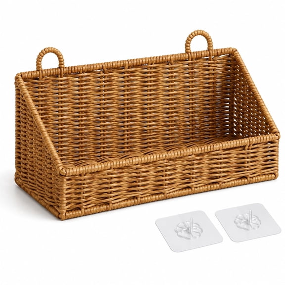 Handwoven Rattan Wall Baskets for Organizing, Rustproof Bathroom Floating Shelves, Farmhouse Plastic Wicker Hanging Basket for Kitchen (Medium)