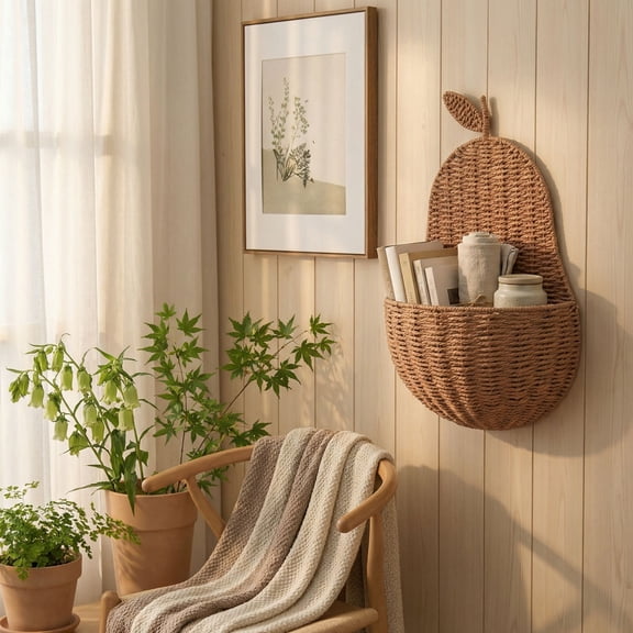 Handwoven Rattan Wall Mounted Storage Basket, Wicker Organizer for Miscellaneous Items, Keys, and Mail, Rustic Home Decor